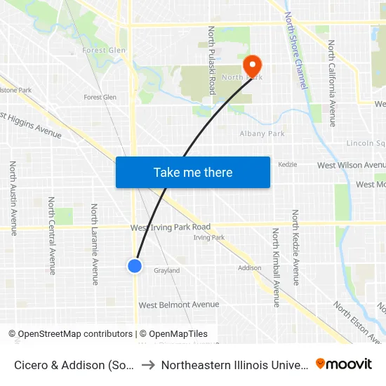Cicero & Addison (South) to Northeastern Illinois University map