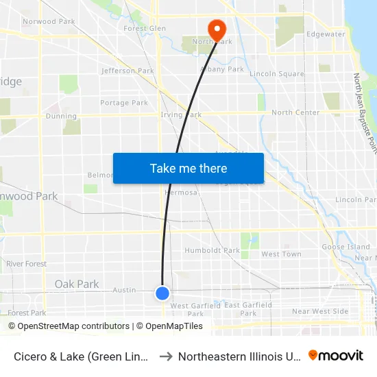 Cicero & Lake (Green Line) (South) to Northeastern Illinois University map