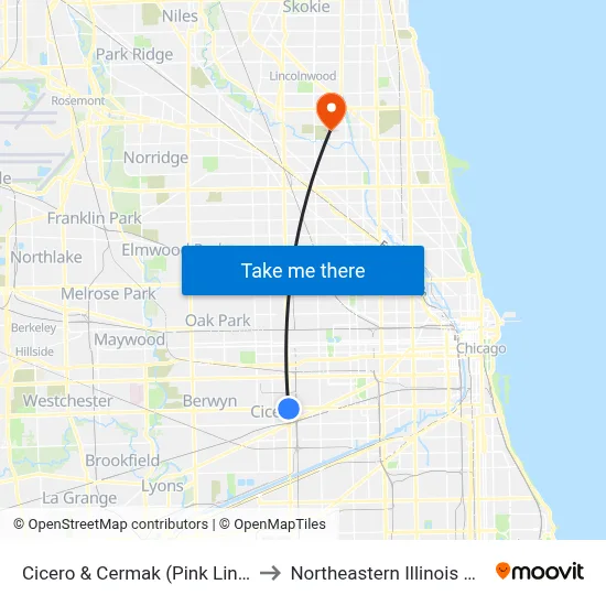 Cicero & Cermak (Pink Line) (North) to Northeastern Illinois University map