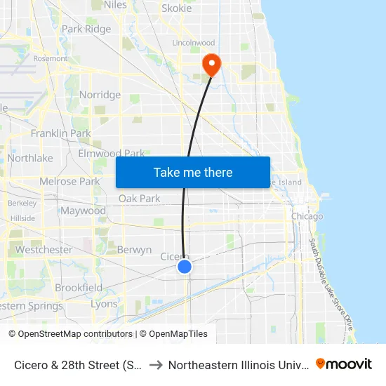 Cicero & 28th Street (South) to Northeastern Illinois University map
