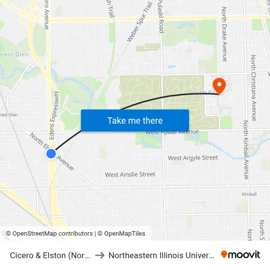 Cicero & Elston (North) to Northeastern Illinois University map