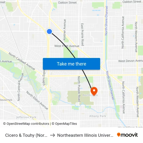 Cicero & Touhy (North) to Northeastern Illinois University map