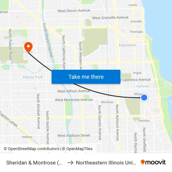 Sheridan & Montrose (South) to Northeastern Illinois University map