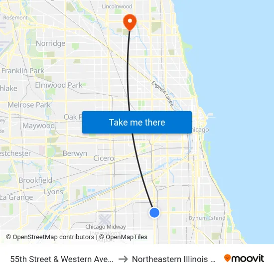 55th Street & Western Avenue (East) to Northeastern Illinois University map