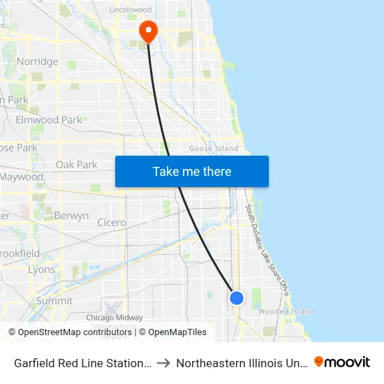 Garfield Red Line Station (West) to Northeastern Illinois University map