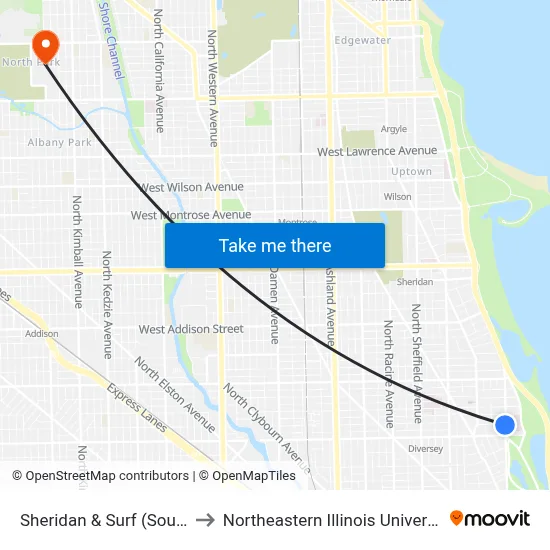 Sheridan & Surf (South) to Northeastern Illinois University map