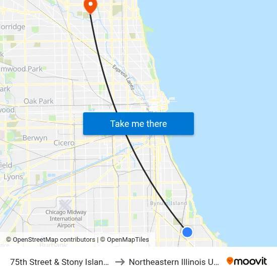 75th Street & Stony Island (West) to Northeastern Illinois University map