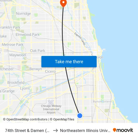 74th Street & Damen (West) to Northeastern Illinois University map