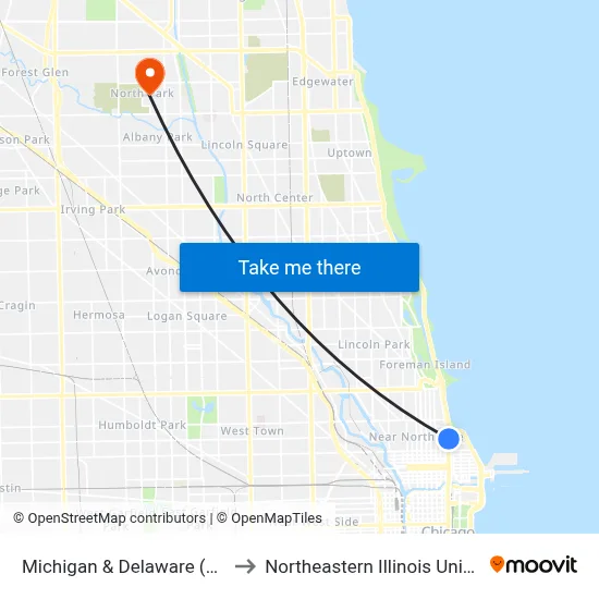 Michigan & Delaware (South) to Northeastern Illinois University map