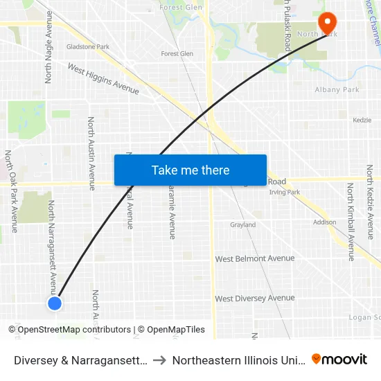 Diversey & Narragansett (East) to Northeastern Illinois University map