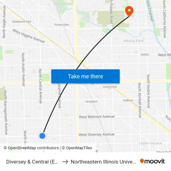 Diversey & Central (East) to Northeastern Illinois University map