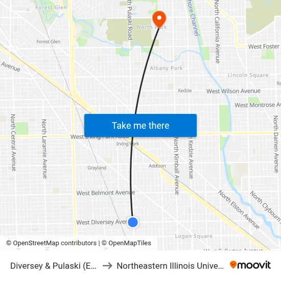 Diversey & Pulaski (East) to Northeastern Illinois University map
