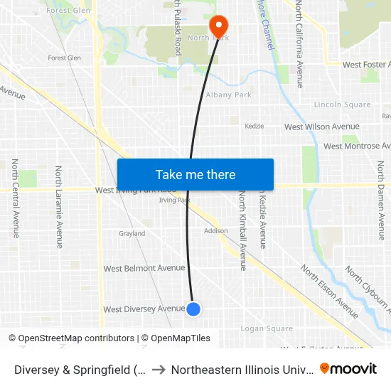 Diversey & Springfield (East) to Northeastern Illinois University map