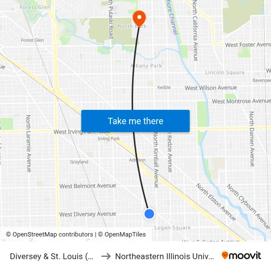Diversey & St. Louis (East) to Northeastern Illinois University map