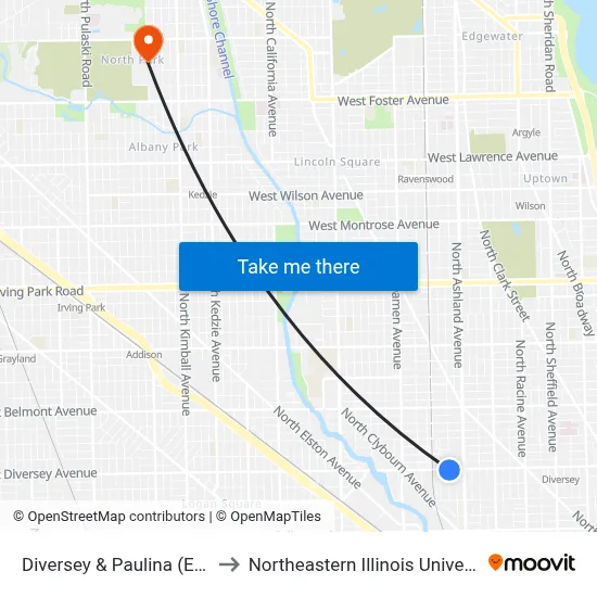 Diversey & Paulina (East) to Northeastern Illinois University map