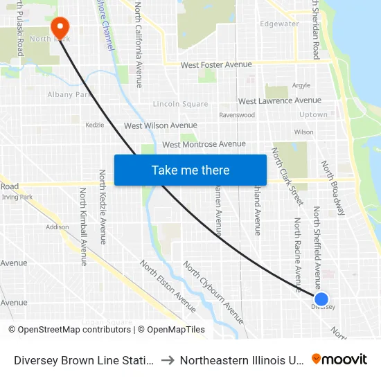 Diversey Brown Line Station (East) to Northeastern Illinois University map