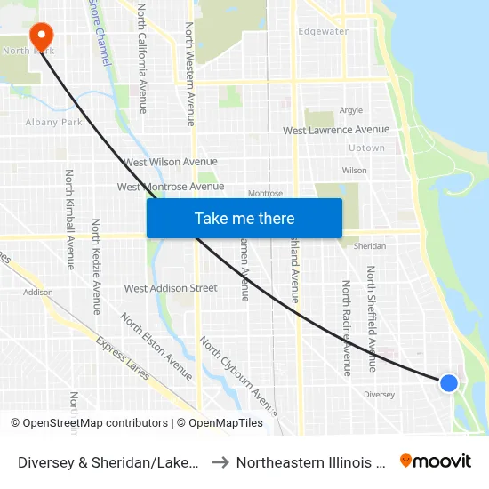 Diversey & Sheridan/Lakeview (East) to Northeastern Illinois University map
