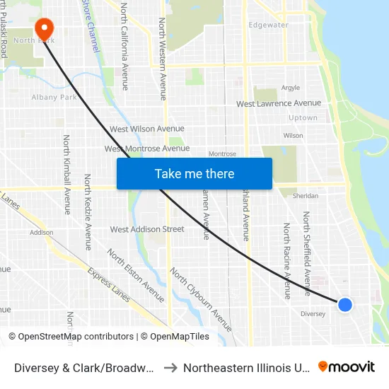 Diversey & Clark/Broadway (West) to Northeastern Illinois University map