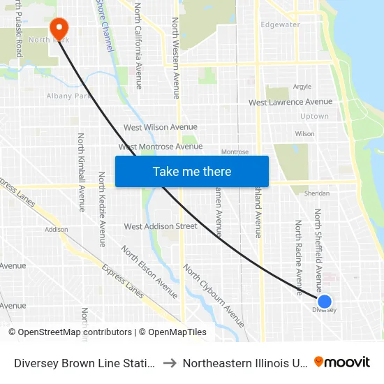 Diversey Brown Line Station (West) to Northeastern Illinois University map