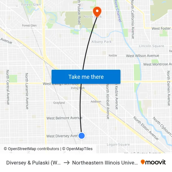 Diversey & Pulaski (West) to Northeastern Illinois University map
