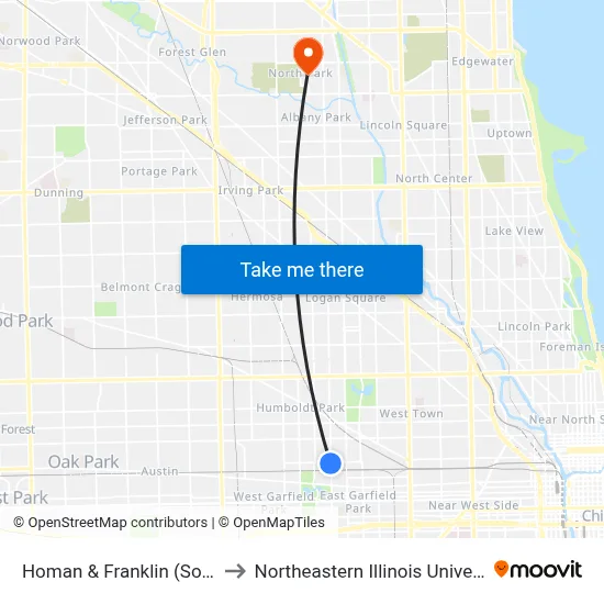 Homan & Franklin (South) to Northeastern Illinois University map