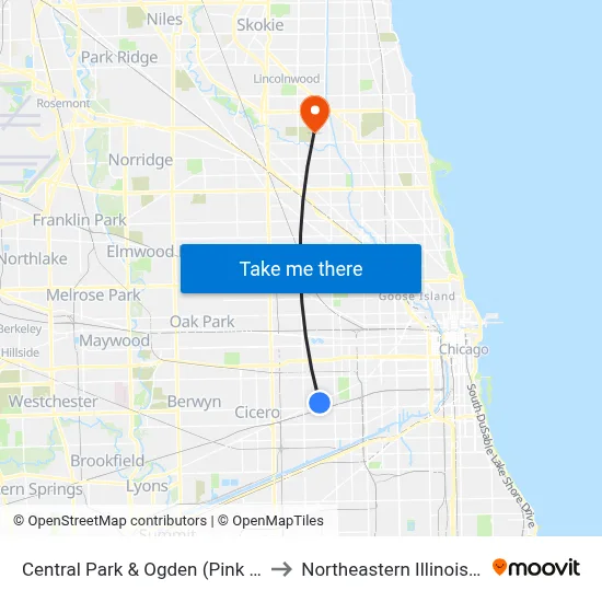 Central Park & Ogden (Pink Line) (South) to Northeastern Illinois University map