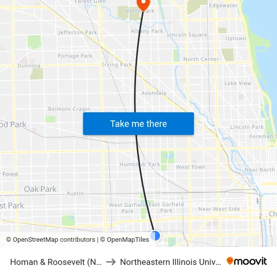 Homan & Roosevelt (North) to Northeastern Illinois University map