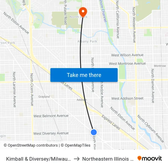 Kimball & Diversey/Milwaukee (North) to Northeastern Illinois University map