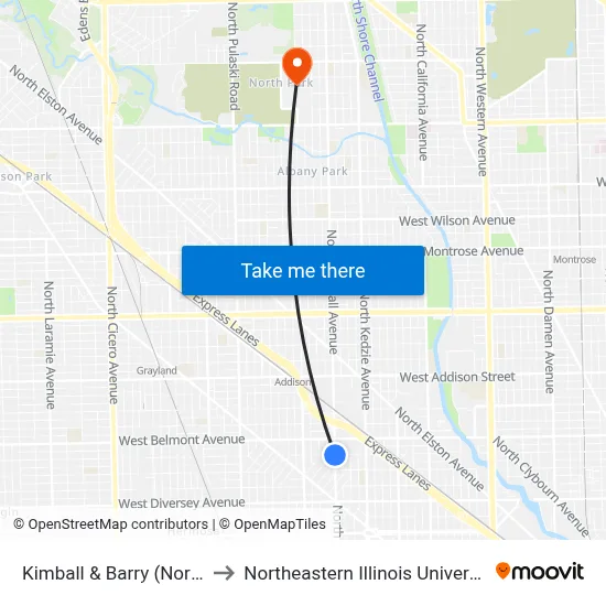 Kimball & Barry (North) to Northeastern Illinois University map