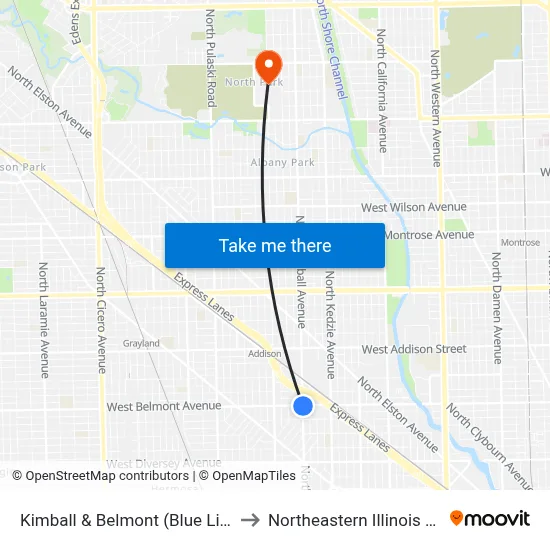 Kimball & Belmont (Blue Line) (North) to Northeastern Illinois University map
