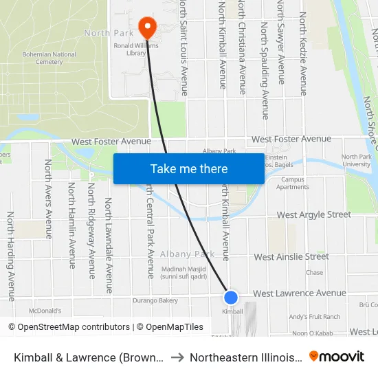Kimball & Lawrence (Brown Line) (North) to Northeastern Illinois University map