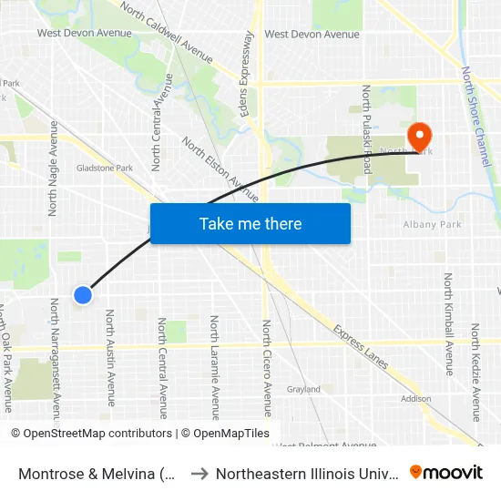 Montrose & Melvina (West) to Northeastern Illinois University map