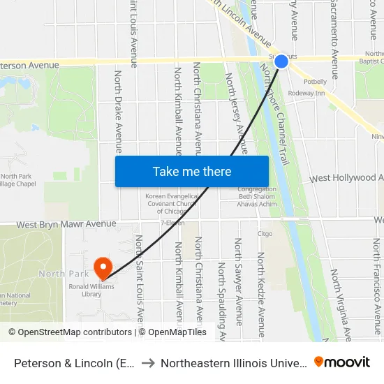 Peterson & Lincoln (East) to Northeastern Illinois University map