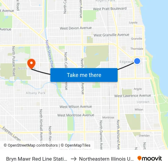Bryn Mawr Red Line Station (East) to Northeastern Illinois University map
