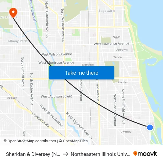 Sheridan & Diversey (North) to Northeastern Illinois University map