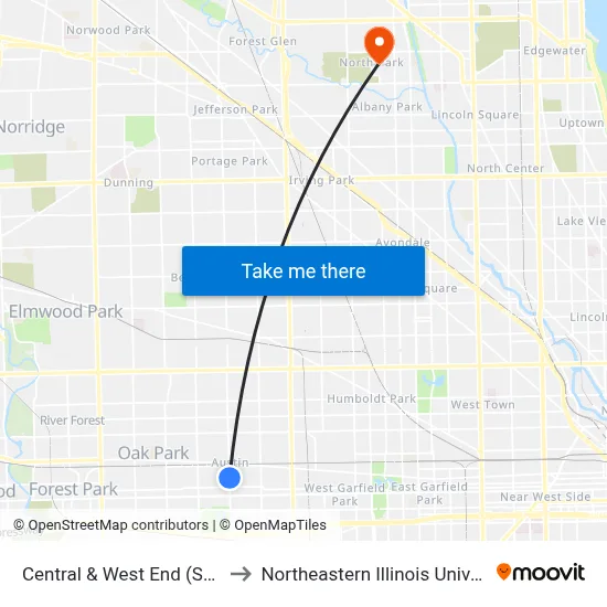 Central & West End (South) to Northeastern Illinois University map