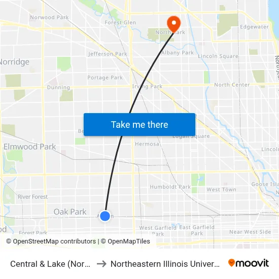 Central & Lake (North) to Northeastern Illinois University map