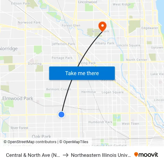 Central & North Ave (North) to Northeastern Illinois University map
