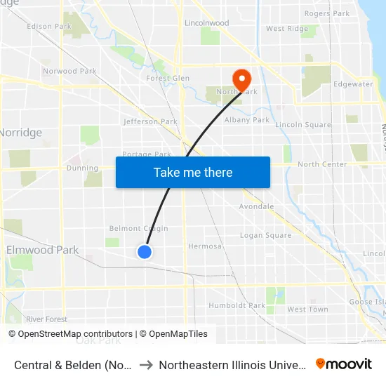 Central & Belden (North) to Northeastern Illinois University map