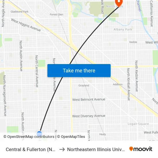 Central & Fullerton (North) to Northeastern Illinois University map