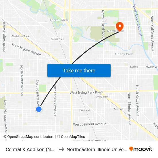 Central & Addison (North) to Northeastern Illinois University map