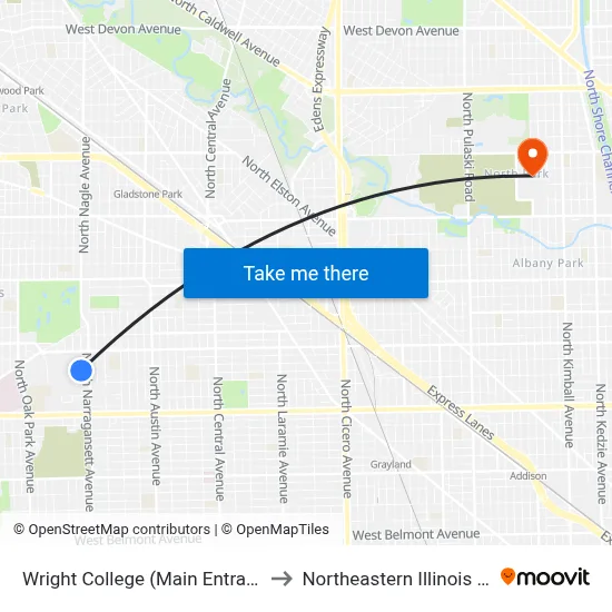 Wright College (Main Entrance) (North) to Northeastern Illinois University map