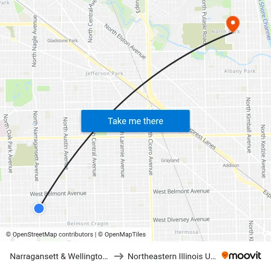 Narragansett & Wellington (South) to Northeastern Illinois University map