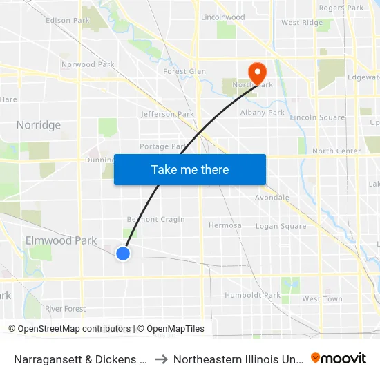 Narragansett & Dickens (North) to Northeastern Illinois University map
