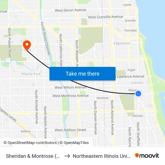 Sheridan & Montrose (North) to Northeastern Illinois University map