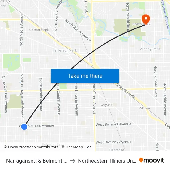 Narragansett & Belmont (North) to Northeastern Illinois University map