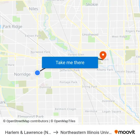 Harlem & Lawrence (North) to Northeastern Illinois University map