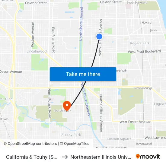 California & Touhy (South) to Northeastern Illinois University map
