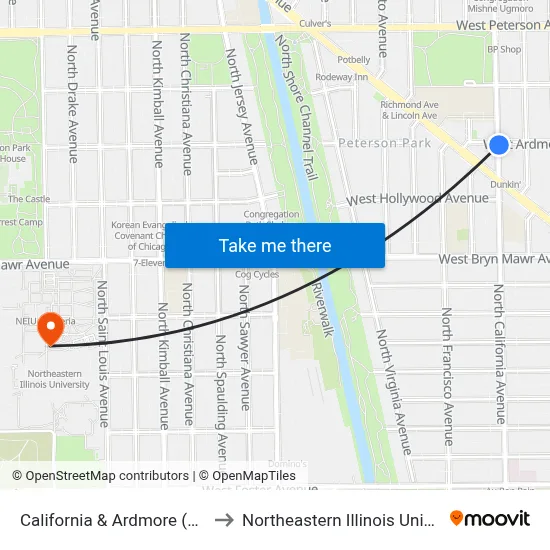 California & Ardmore (North) to Northeastern Illinois University map