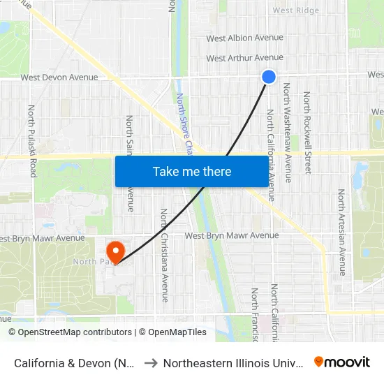 California & Devon (North) to Northeastern Illinois University map